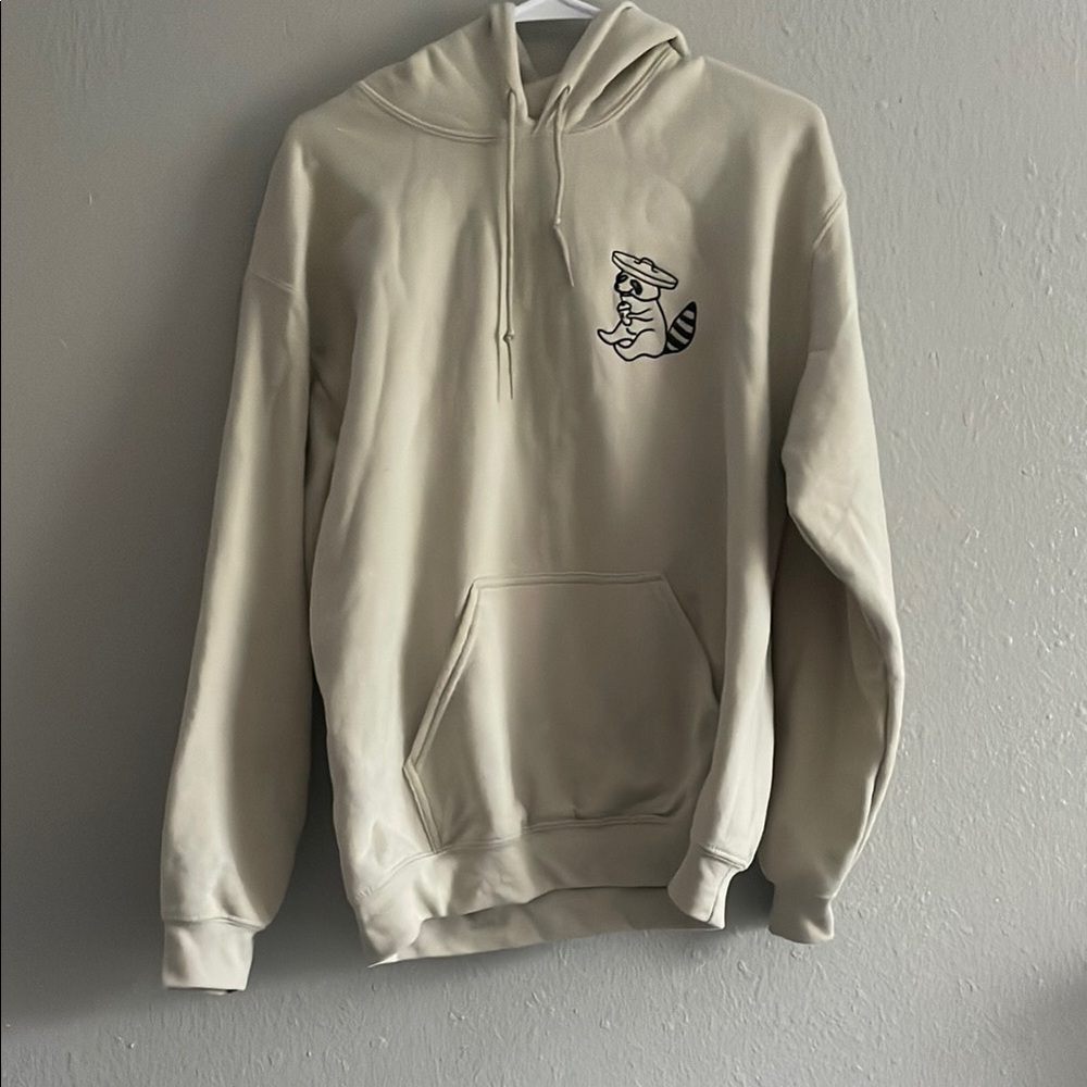 Beige Hoodie with Embroidered Raccoon and sleeve detail